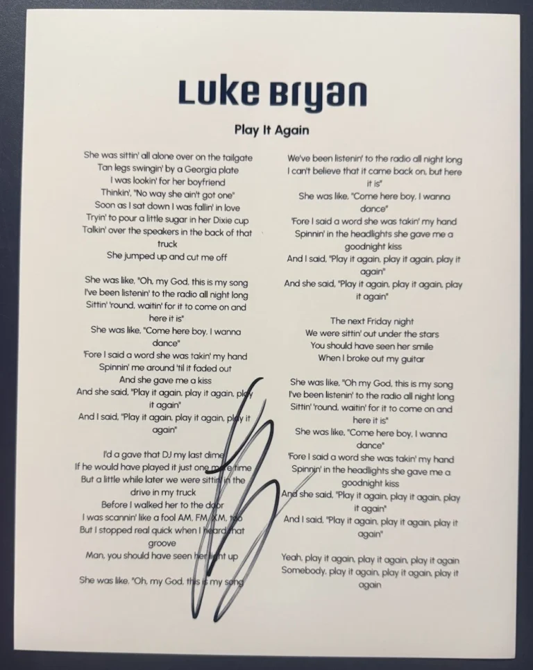 LUKE BRYAN SIGNED LYRIC SHEET PLAY IT AGAIN COUNTRY SINGER AUTOGRAPH COA