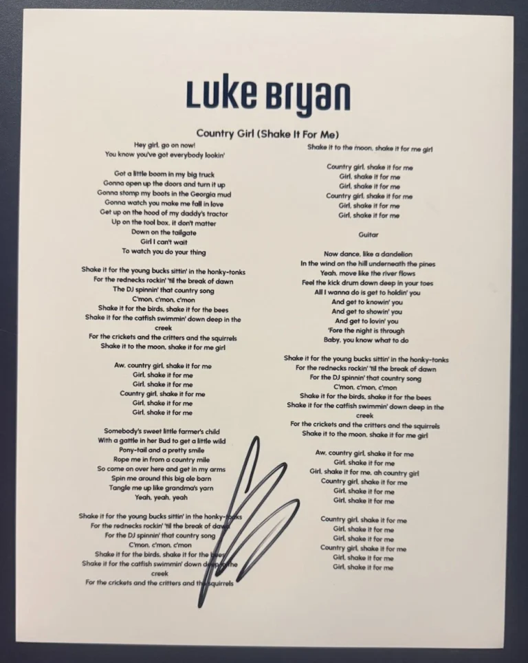 LUKE BRYAN SIGNED LYRIC SHEET COUNTRY GIRL COUNTRY SINGER AUTOGRAPH COA