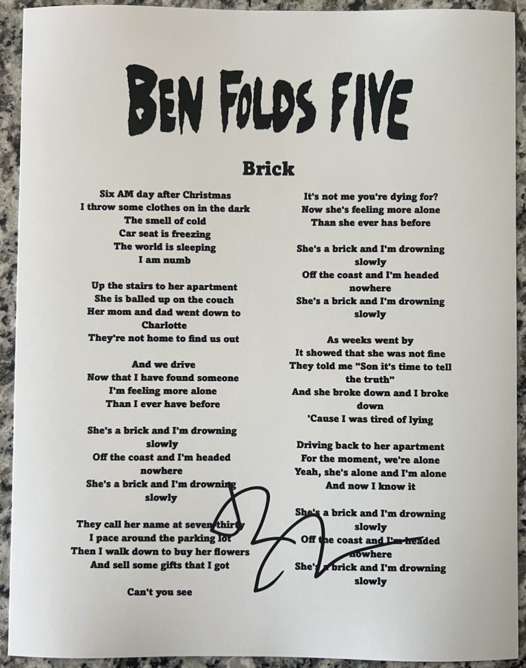 BEN FOLDS SIGNED LYRIC SHEET BRICK SINGER AUTOGRAPH AUTHENTIC COA COLLECTIBLE MEMORABILIA