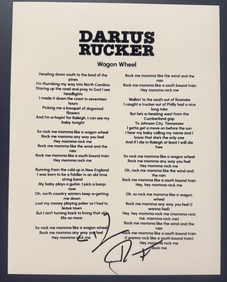 DARIUS RUCKER SIGNED LYRIC SHEET WAGON WHEEL COUNTRY SINGER AUTOGRAPH COA