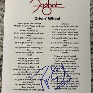 ROGER EARL SIGNED LYRIC SHEET FOGHAT DRUMMER DRIVIN’ WHEEL AUTOGRAPH COA