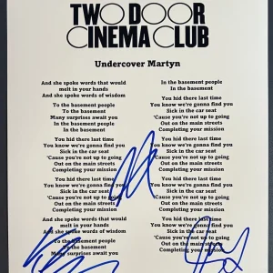TWO DOOR CINEMA CLUB SIGNED LYRIC SHEET UNDERCOVER MARTYN AUTOGRAPH COA