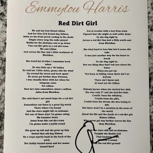 EMMYLOU HARRIS SIGNED LYRIC SHEET RED DIRT GIRL AUTHENTIC AUTOGRAPH COA