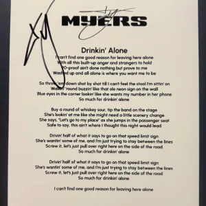 TY MYERS SIGNED LYRIC SHEET COUNTRY SINGER DRINKIN’ ALONE AUTOGRAPH COA
