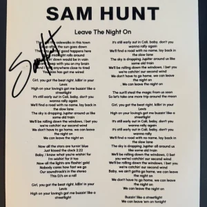 SAM HUNT SIGNED LYRIC SHEET COUNTRY SINGER LEAVE THE NIGHT ON AUTOGRAPH COA