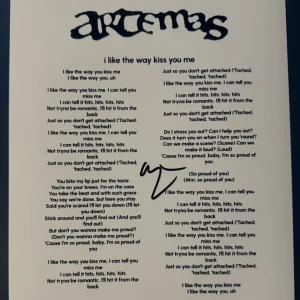 ARTEMAS SIGNED LYRIC SHEET SINGER I LIKE THE WAY YOU KISS ME AUTOGRAPH COA