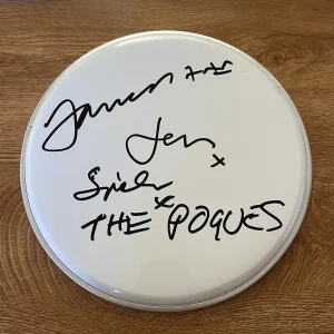 * THE POGUES * signed 10" drumhead * SPIDER STACY,  JEM FINER & JAMES FEARNLEY *