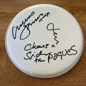 * THE POGUES * signed 10" drumhead * SPIDER STACY,  JEM FINER & JAMES FEARNLEY *