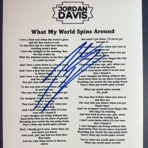JORDAN DAVIS SIGNED LYRIC SHEET COUNTRY WHAT MY WORLD SPINS AROUND AUTOGRAPH COA