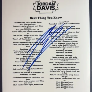 JORDAN DAVIS SIGNED LYRIC SHEET COUNTRY NEXT THING YOU KNOW AUTOGRAPH COA