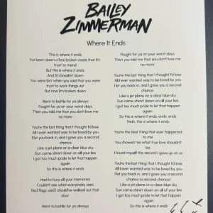 BAILEY ZIMMERMAN SIGNED LYRIC SHEET WHERE IT ENDS AUTOGRAPH COUNTRY COA