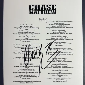 CHASE MATTHEW SIGNED LYRIC SHEET COUNTRY DARLIN’ AUTOGRAPH AUTHENTIC COA