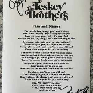 TESKEY BROTHERS SIGNED PAIN AND MISERY LYRIC SHEET AUTHENTIC AUTOGRAPH COA