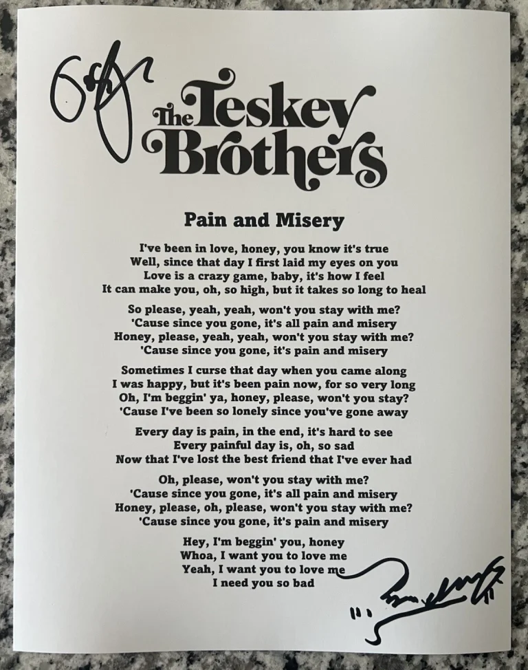 TESKEY BROTHERS SIGNED PAIN AND MISERY LYRIC SHEET AUTHENTIC AUTOGRAPH COA