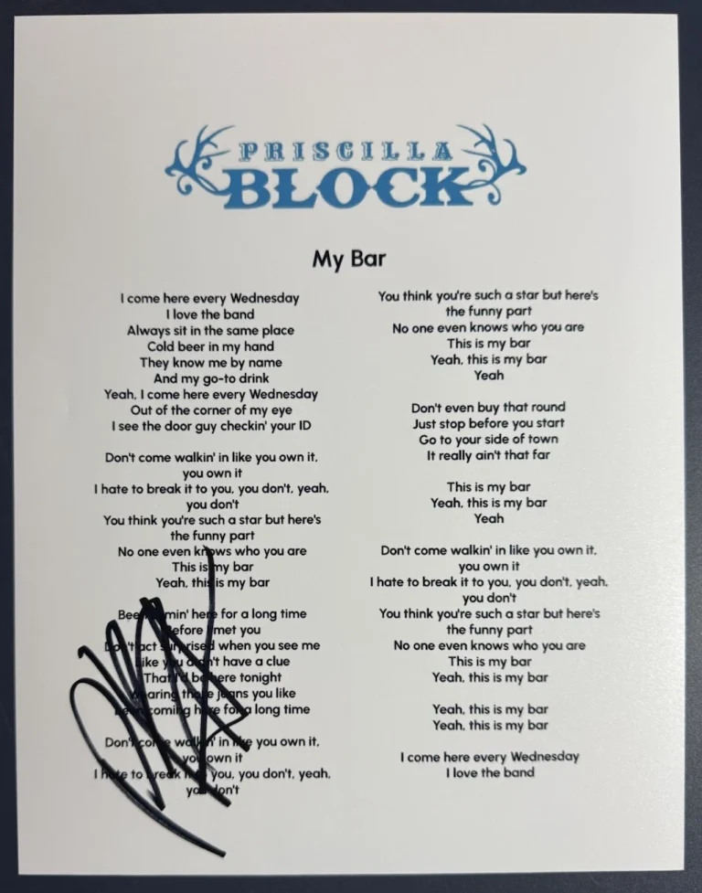 PRISCILLA BLOCK SIGNED MY BAR LYRIC SHEET AUTOGRAPH AUTHENTIC COA