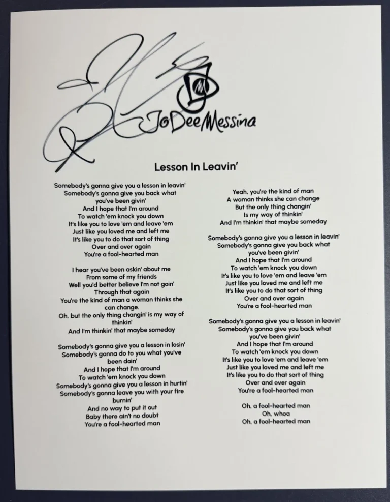 JO DEE MESSINA SIGNED LESSON IN LEAVIN’ LYRIC SHEET AUTOGRAPH AUTHENTIC COA