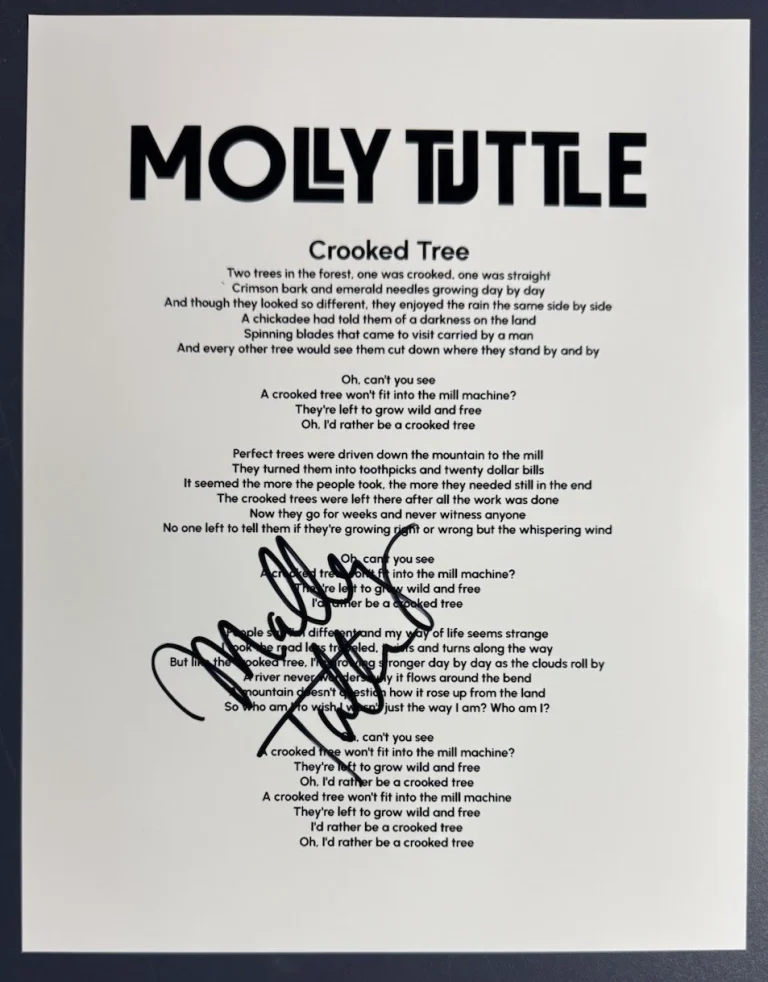 MOLLY TUTTLE SIGNED LYRIC SHEET CROOKED TREE AUTOGRAPH COUNTRY SINGER COA