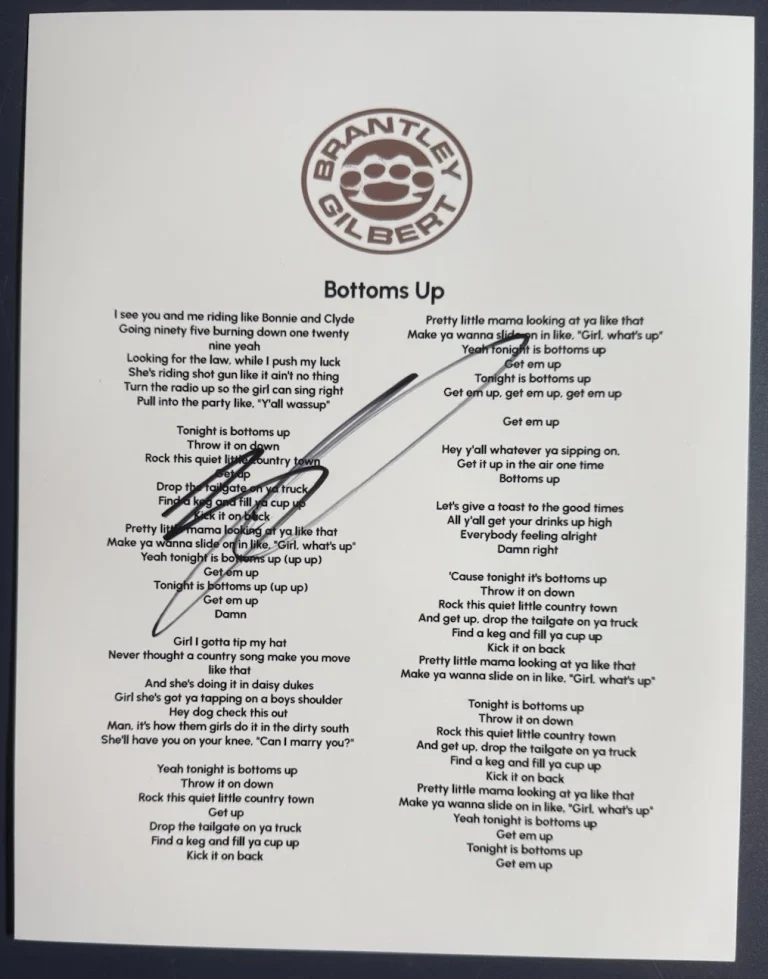 BRANTLEY GILBERT SIGNED BOTTOMS UP LYRIC SHEET COUNTRY AUTOGRAPH AUTHENTIC COA