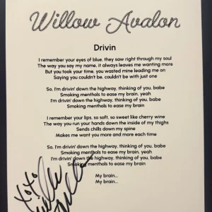 WILLOW AVALON SIGNED LYRIC SHEET DRIVIN COUNTRY SINGER AUTOGRAPH COA
