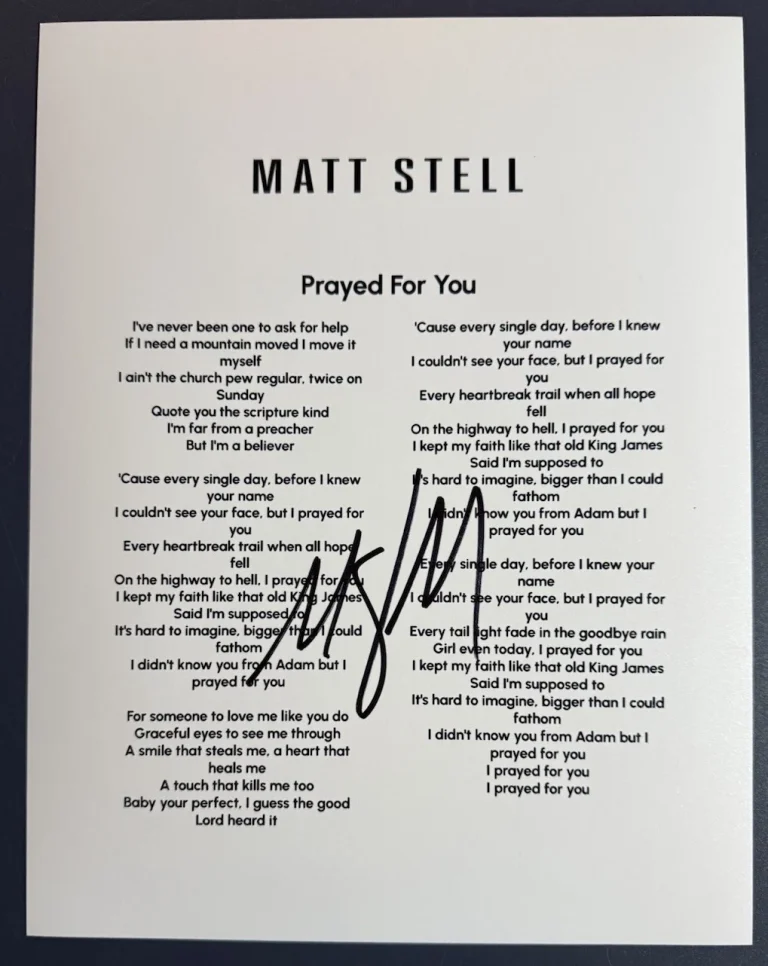 MATT STELL SIGNED LYRIC SHEET PRAYED FOR YOU COUNTRY SINGER AUTOGRAPH COA