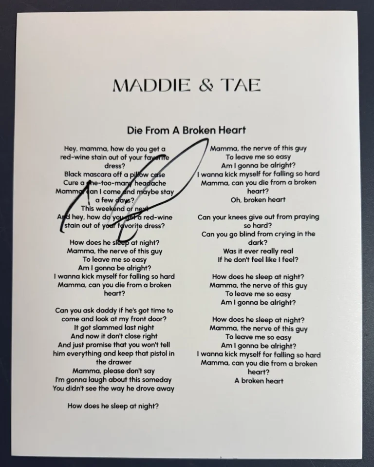 MADDIE MARLOW SIGNED LYRIC SHEET MADDIE & TAE SINGER AUTOGRAPH AUTHENTIC COA