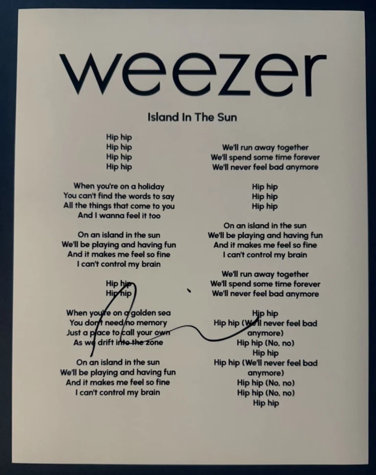 RIVERS CUOMO SIGNED LYRIC SHEET ISLAND IN THE. SUN WEEZER SINGER AUTOGRAPH COA