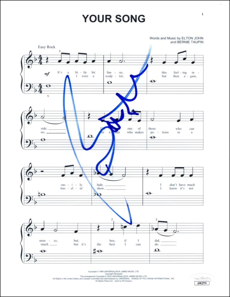 Bernie Taupin Signed Autograph Elton John 's Your Song Sheet Music w/ JSA COA