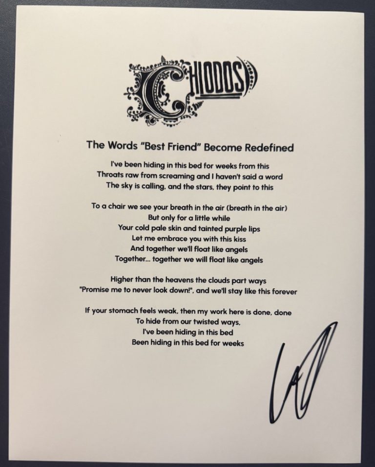 CRAIG OWENS SIGNED LYRIC SHEET CHIODOS LEAD SINGER AUTHENTIC AUTOGRAPH COA