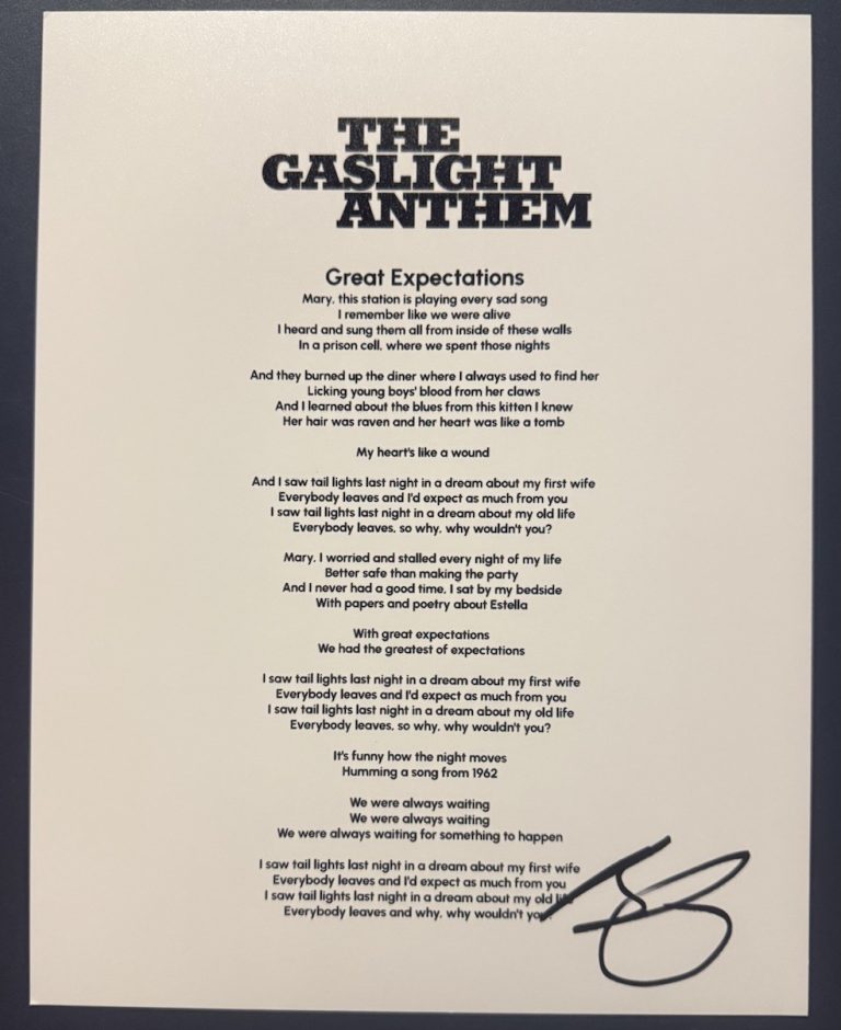 BRIAN FALLON SIGNED LYRIC SHEET GREAT EXPECTATIONS GASLIGHT ANTHEM AUTOGRAPH COA