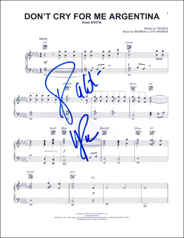 Patti LuPone Signed Autograph Don't Cry for Me Argentina Sheet Music from Evita