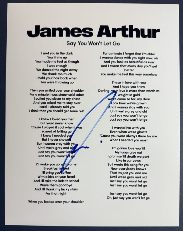 JAMES ARTHUR SIGNED LYRIC SHEET SAY YOU WON’T LET GO AUTOGRAPH AUTHENTIC COA
