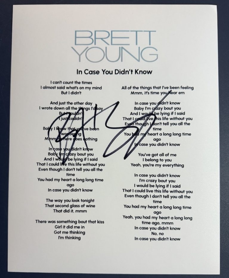 BRETT YOUNG SIGNED LYRIC SHEET IN CASE YOU DIDN’T KNOW AUTOGRAPH AUTHENTIC COA