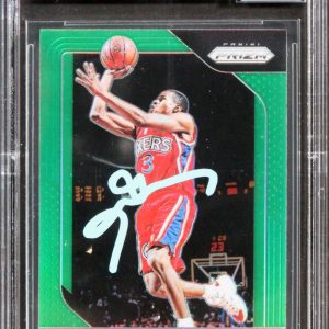 76ers Allen Iverson Signed 2018 Panini Prizm Green #45 Card Auto 10! BAS Slabbed