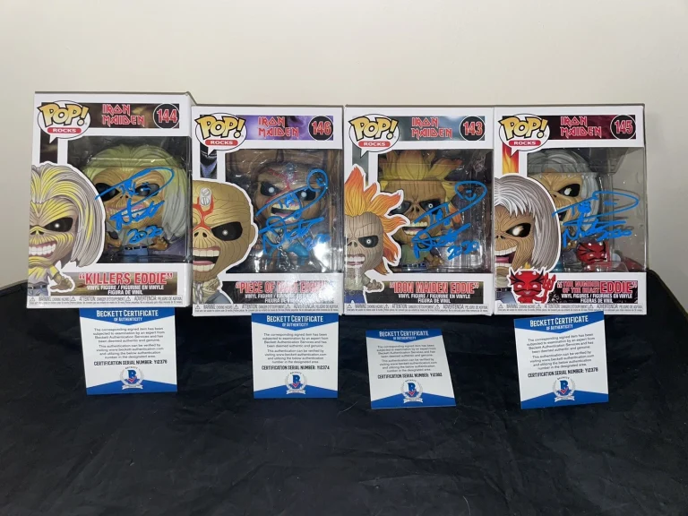 Nicko McBrain Signed Official Full Set 4 Iron Maiden Funko Pop Figure Eddie BAS