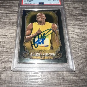 Usain Bolt Signed 2024 Allen & Ginter Chrome Trading Card #208 Gold Medal PSA
