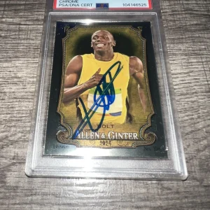 Usain Bolt Signed 2024 Allen & Ginter Chrome Trading Card #208 Gold Medal PSA #3
