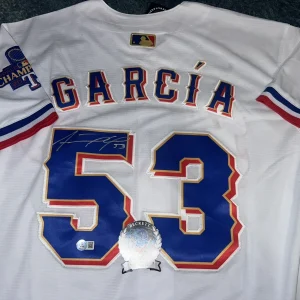 Adolis Garcia Signed Texas Rangers Jersey All Star 2023 WS Champs Beckett #3