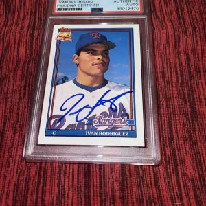 Ivan Rodriguez Signed 1991 Topps Rookie Trading Card Texas Rangers PSA/DNA #2