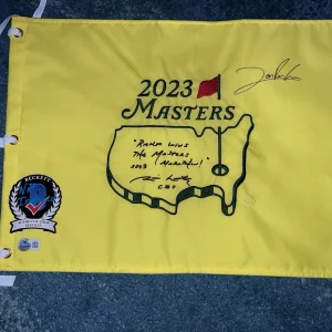 Jon Rahm & Jim Nantz Signed Official 2023 Masters Flag Legends Champ Beckett LOA