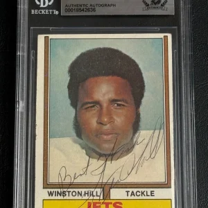 Winston Hill 1974 Topps Card New York Jets SIGNED Autographed Auto Beckett BAS