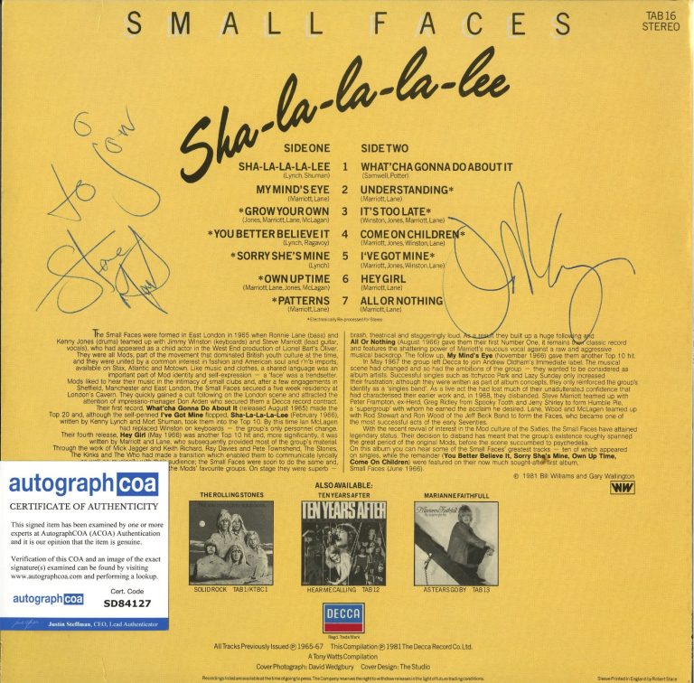 Small Faces Sha-La-La-La-Lu SIGNED by Steve Marriott and Ian Maclagan. ACOA
