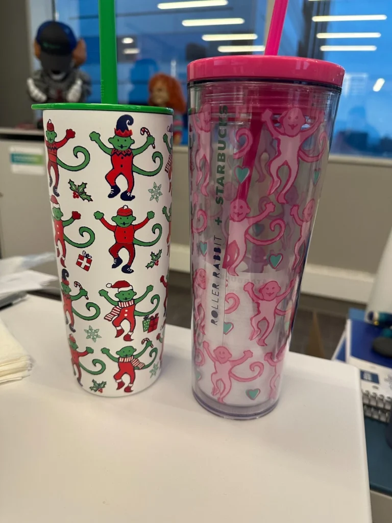 **IN HAND** STARBUCKS ROLLER RABBIT TUMBLER GREEN RED PINK MONKEY SET COLLECTIBLE MEMORABILIA