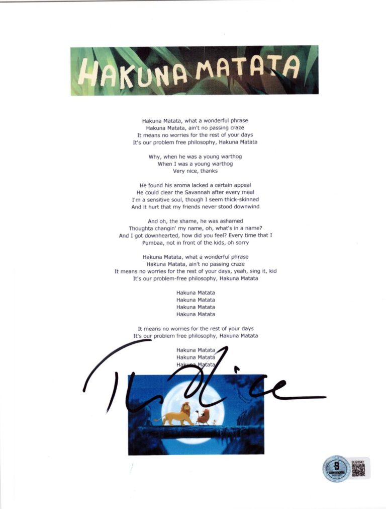Tim Rice Signed Hakuna Matata Lyric Sheet The Lion King Autograph Beckett
