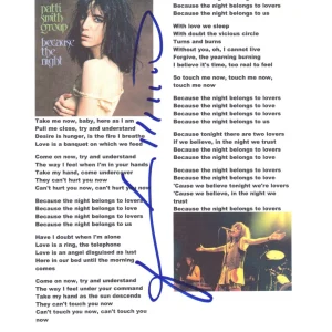Patti Smith Signed Because The Night Lyric Sheet Authentic Autograph Beckett