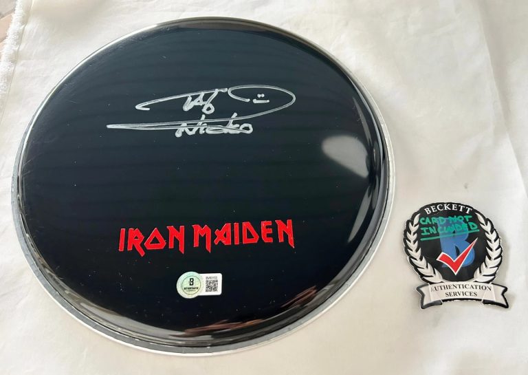 Nicko McBrain Signed Drumhead Iron Maiden Beckett BAS 3 COA
