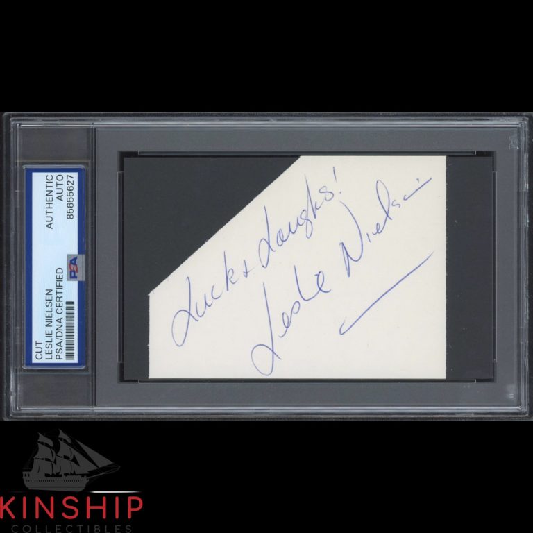 Leslie Nielsen signed cut PSA DNA Slabbed Inscribed Actor Auto C5558