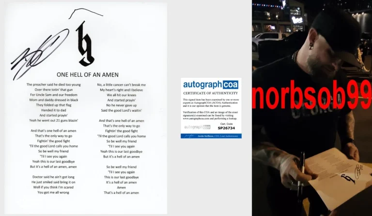 BRANTLEY GILBERT SIGNED ONE HELL OF AN AMEN LYRIC SHEET w/EXACT PROOF & ACOA COA