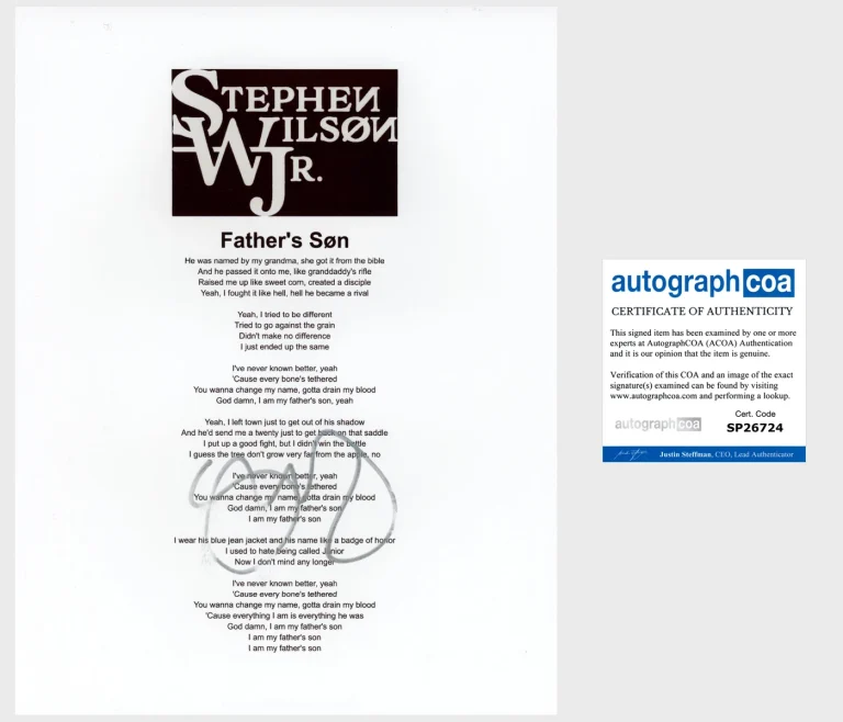 STEPHEN WILSON JR. SIGNED AUTOGRAPH FATHER'S SON LYRIC SHEET w/PROOF & COA