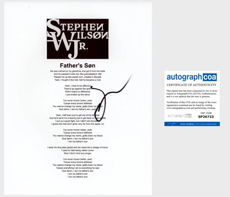 STEPHEN WILSON JR. SIGNED FATHER'S SON LYRIC SHEET w/PROOF & AUTOGRAPH COA
