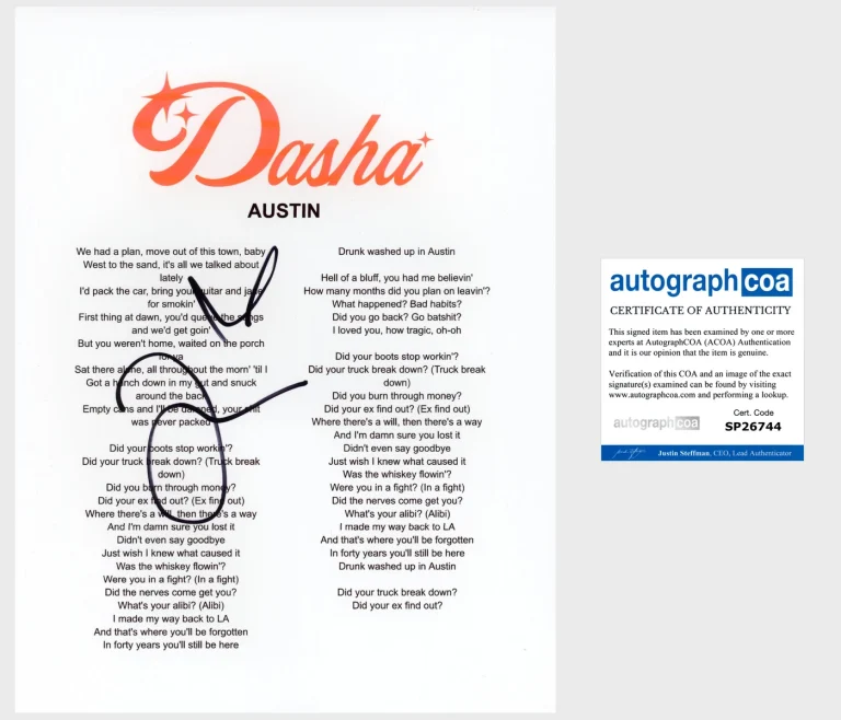 DASHA COUNTRY STAR SIGNED AUTOGRAPH AUSTIN LYRIC SHEET w/PROOF & COA
